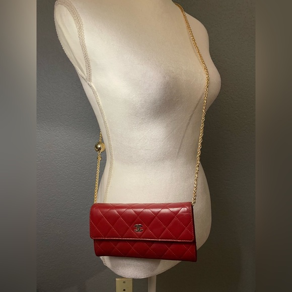 Chanel Red Lambskin Flap Long Wallet On A Unbranded Adjustable Chain With COA - Picture 14 of 14
